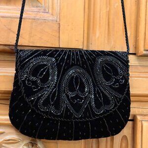 Small Black Velvet Evening Bag With Intricate Beaded Design & Braided Strap